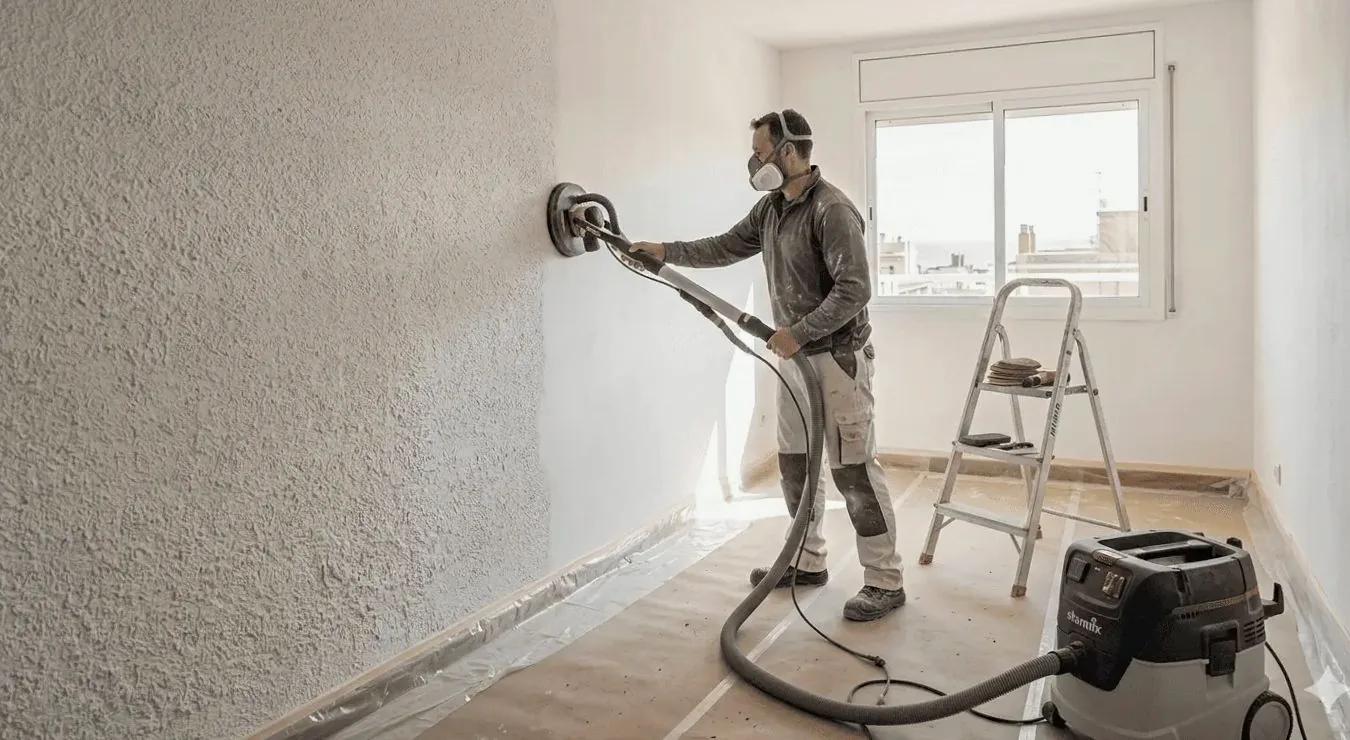 Operario alisando una pared con gotelé en una vivienda de Pamplona