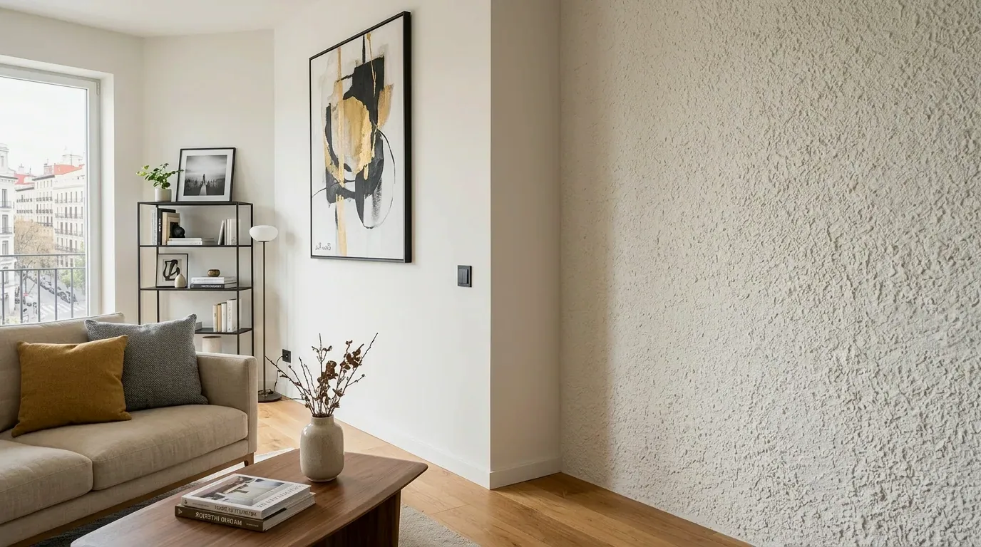 Salón con la pared ya alisada y pintada en Pamplona
